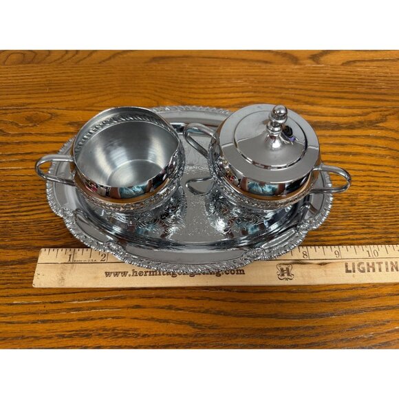 Irvinware Chromeware Cream And Sugar Set With Tray Made In USA Vintage 1970s - Picture 1 of 12